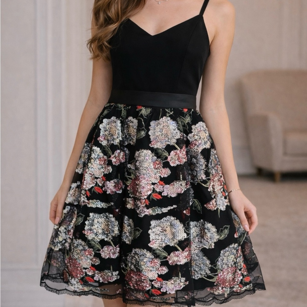 Teeze Me Black Dress w/ Spaghetti Straps & sequins floral bottom 15/16 juniors.